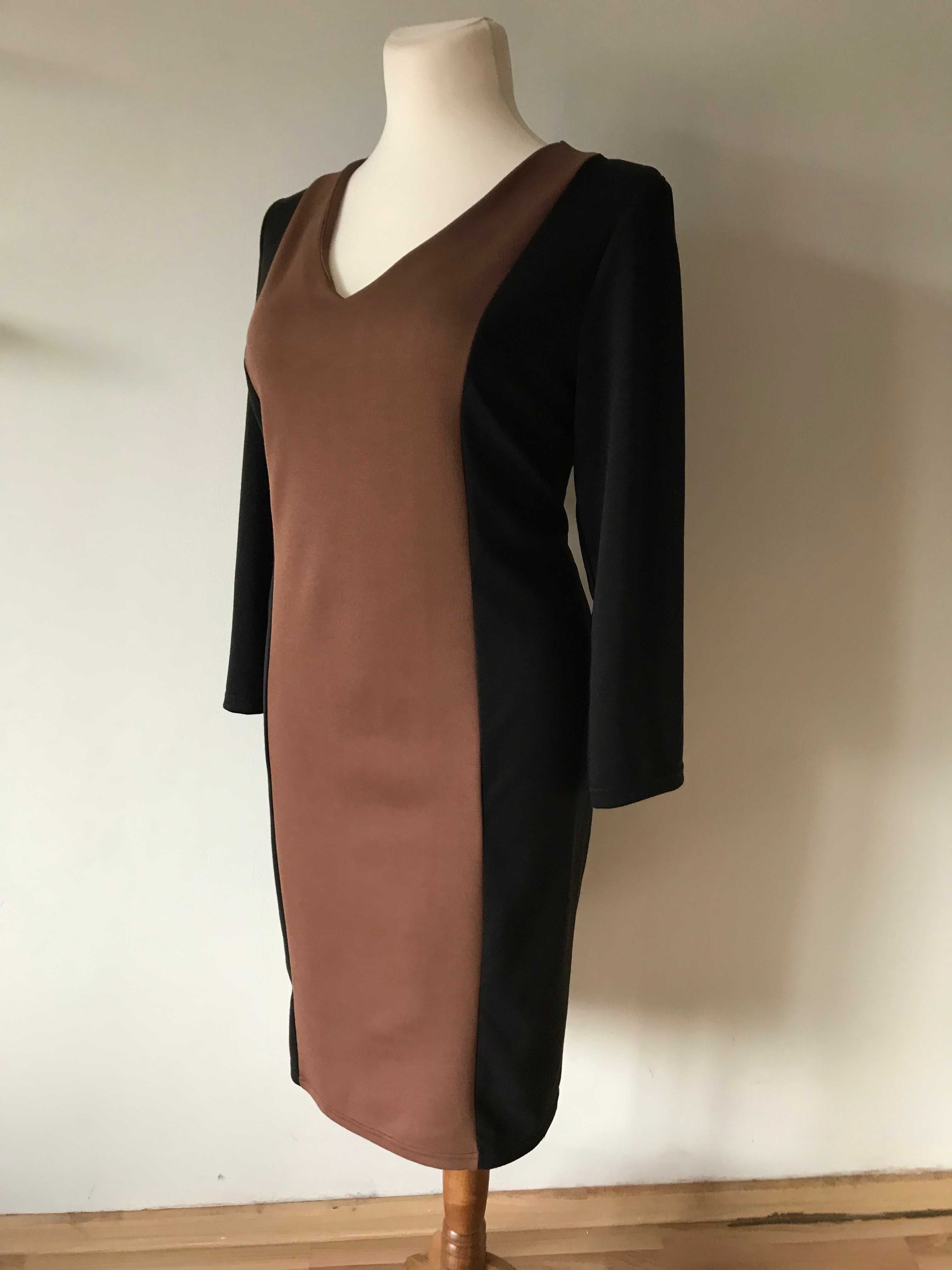 Sukienka wyszczuplająca optycznie czarno brązowe pasy r. 54 Plus size