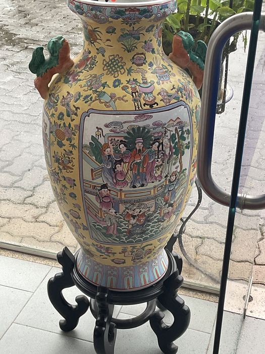 Vaso oriental kaolin clay blue pigment art work 79 cm discrição abaixo