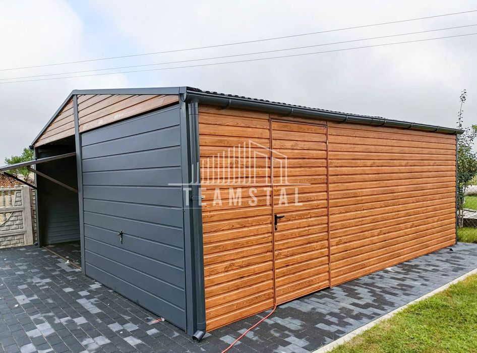 GARAŻ BLASZANY 6m x 6m 2x Brama orzech + antracyt drzwi TS248 6x6