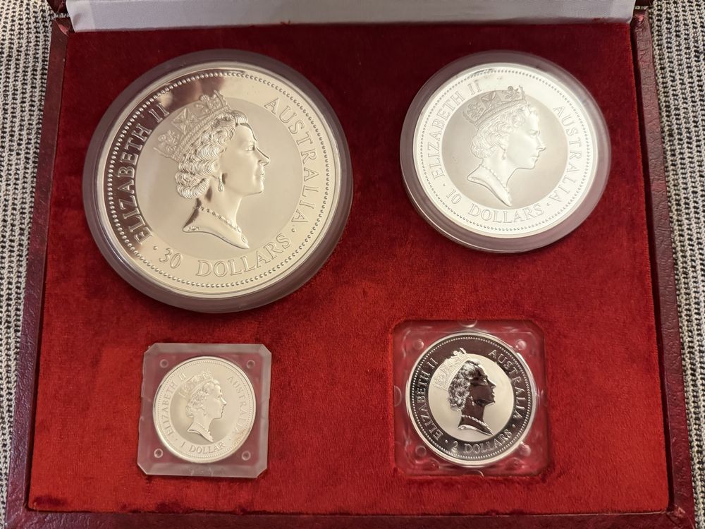Estojo 4 moedas kookaburra 1997 prata fina (1 kilo, 10 oz, 2 oz, 1 oz)