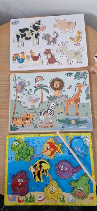 Puzzle drewniane 3szt.edukacyjne Montessori, puzzle z magnesem i wędką