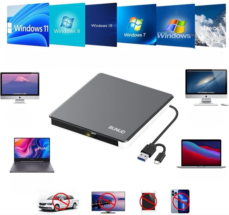 Napęd Zewnętrzny CD DVD BUNUD USB 3.0 i Napęd DVD Typ C SD/TF CD Windo