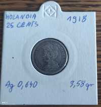 Moneta srebrna Holandia 25 centów cents 1918 rok ładna srebro ag