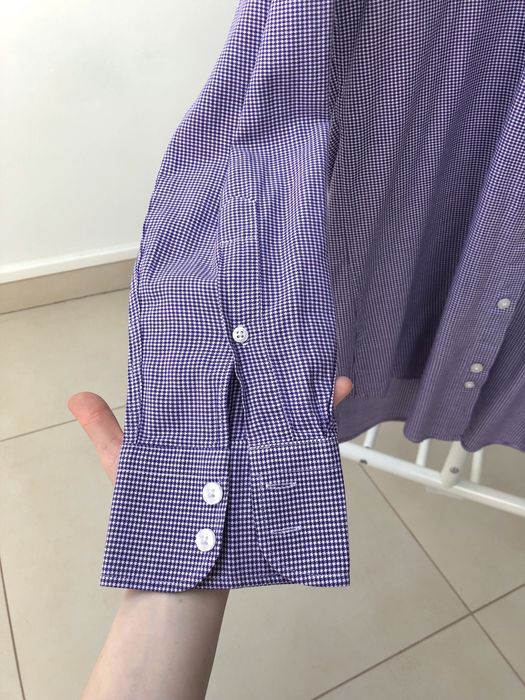 Fioletowa, biała, męska koszula w kratkę Wólczanka