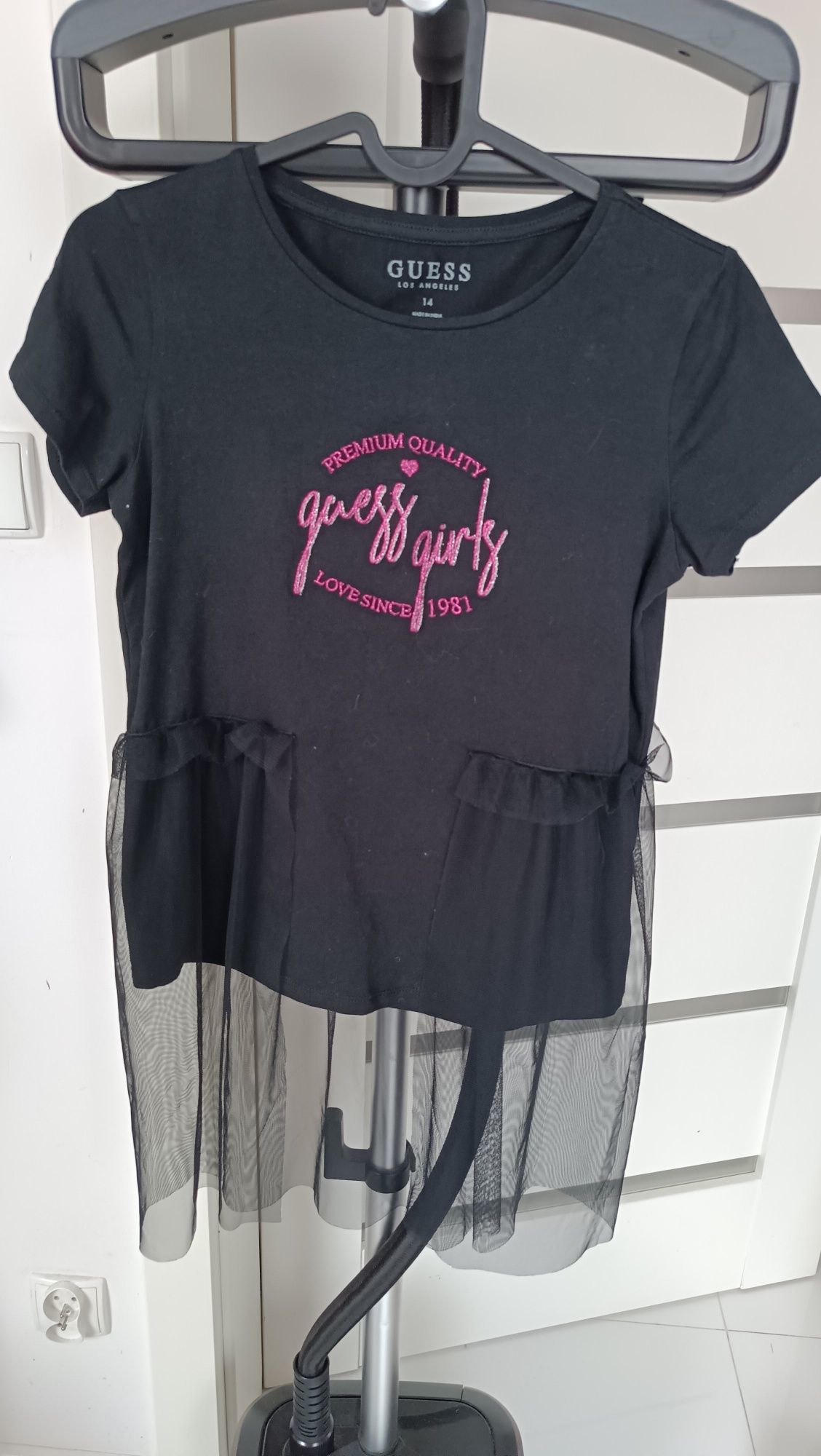 Bluzka guess t-shirt 14 lat 164 XS/S czarna z tiulem