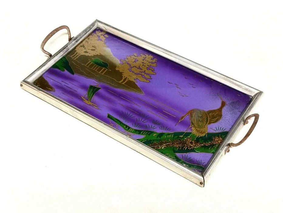 Tabuleiro bandeja vintage vidro pintado à mão art déco Alemanha