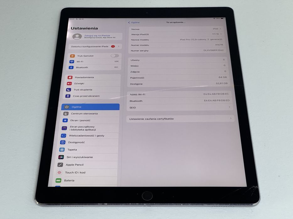 iPad Pro 12.9 2. gen. (A1670) - 64GB - pęknięty - faktura VAT 23%