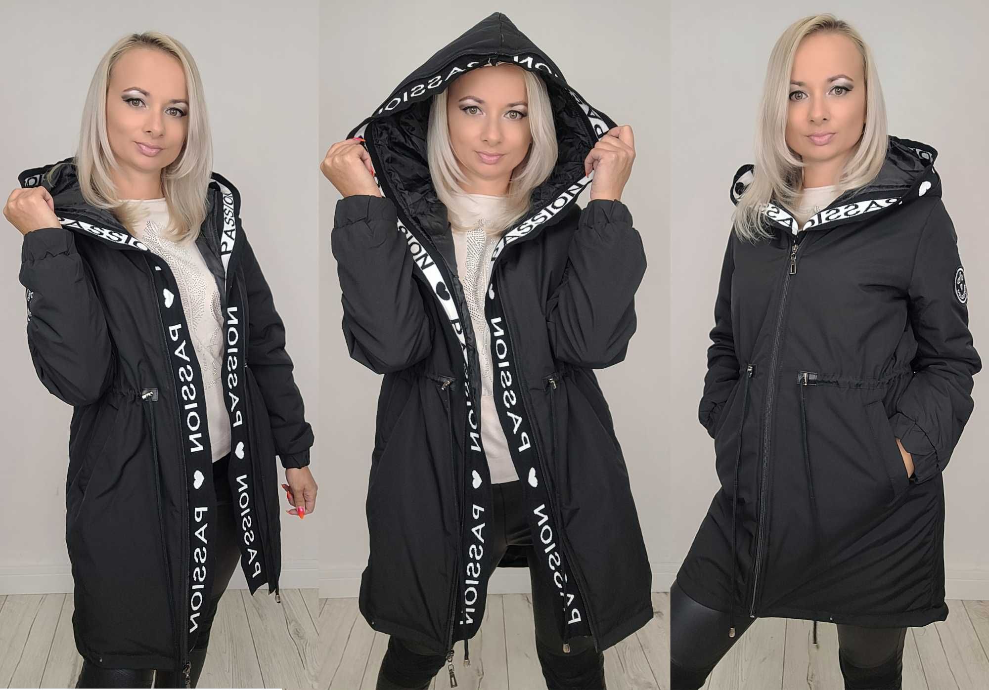 XS-7XL Kurtka parka kaptur jesienna CZARNA ocieplana TU KUPUJESZ XL/42