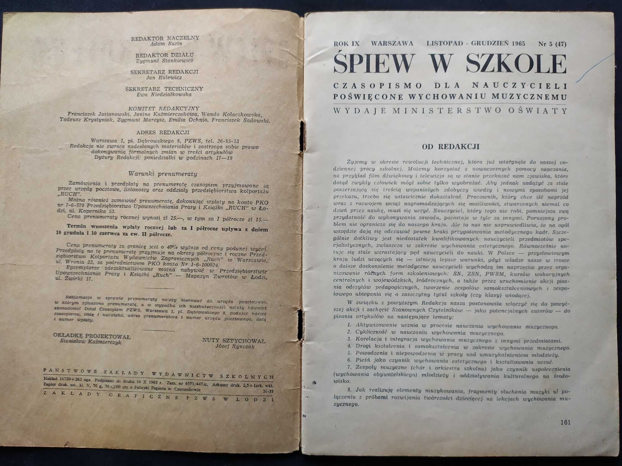 Śpiew w szkole 1965 nr 5 (47), czasopismo dla nauczycieli