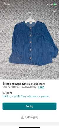 Koszula jeans 98 h&m piekna dziewczynka guziki