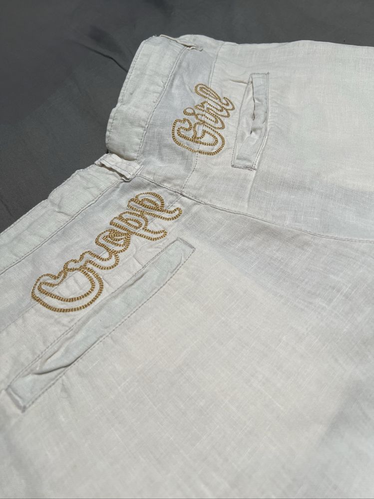 Spodnie ecru lniane Cropp 38 kieszenie boho style monochrom casual