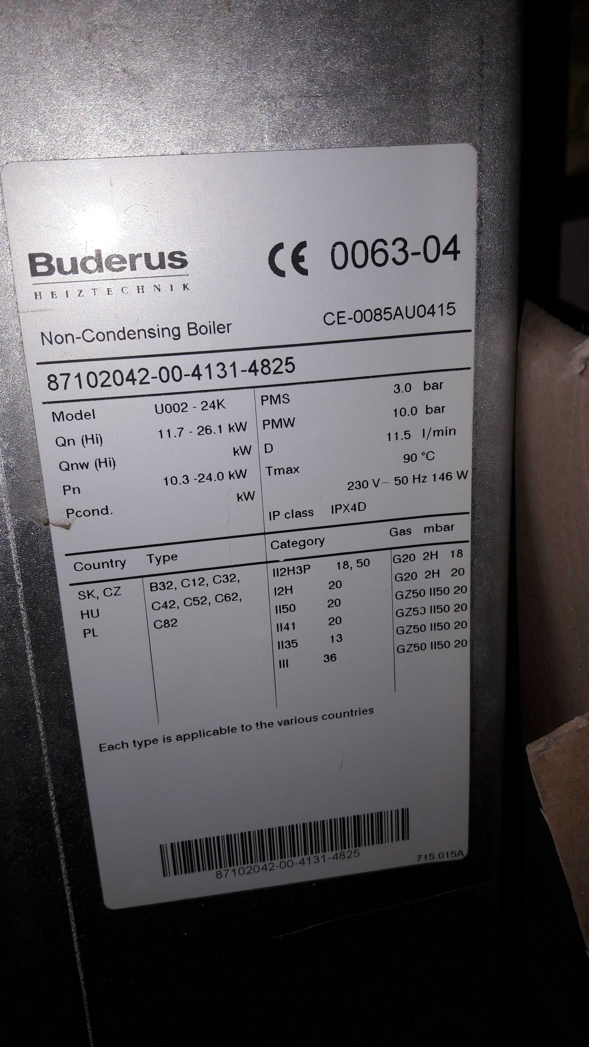 Kocioł Buderus Logamax U002-24K piec na gaz z butli + dysze na miejski