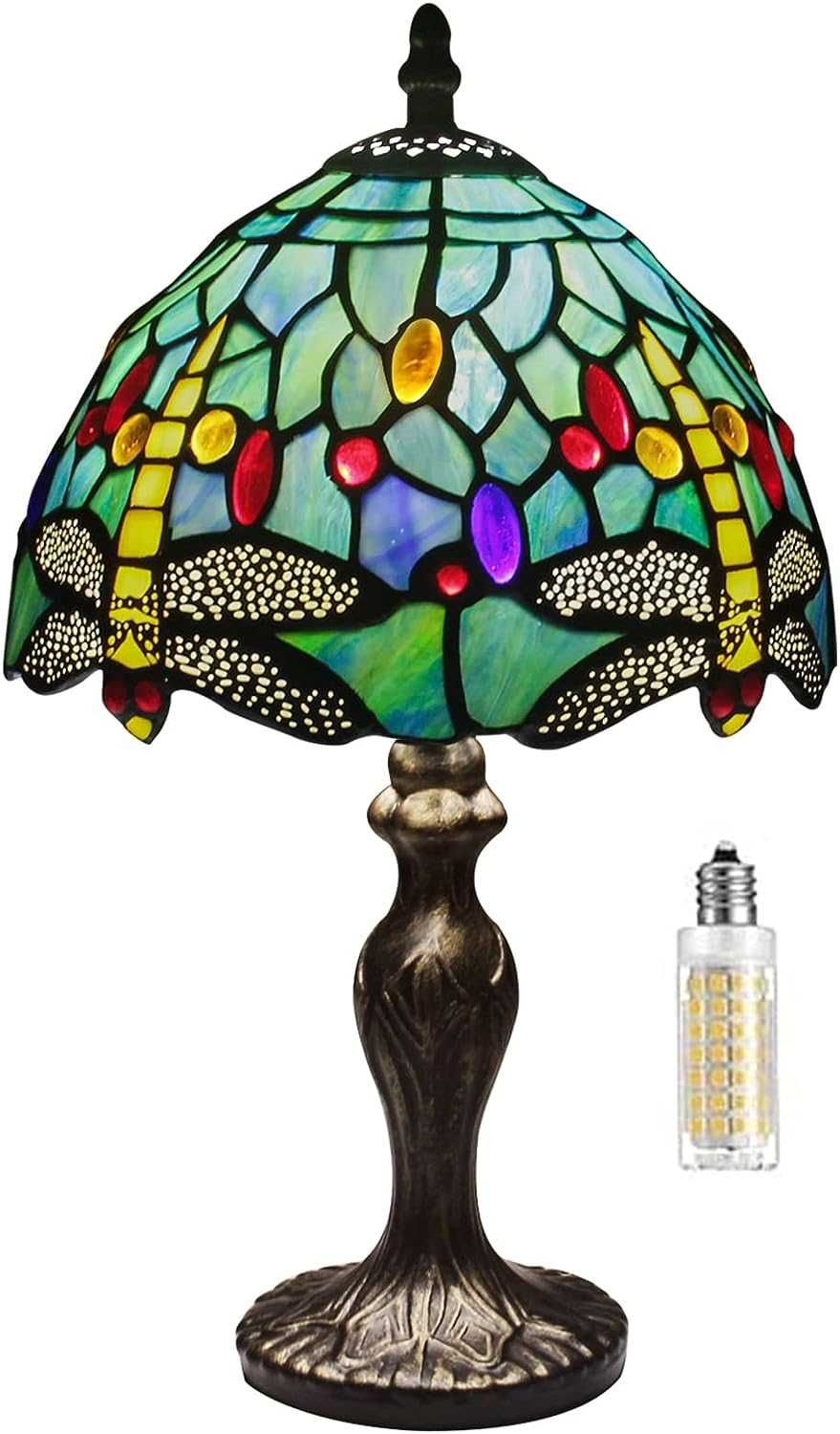 Lampa stołowa, witrażowa TIFFANY Style, ważka, 37cm, MIAOKE