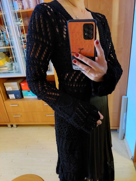 Gruby, koronkowy, ażurowy,  długi sweter
