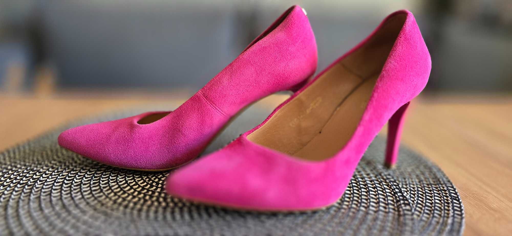 Buty damskie skórzane R.Polański, polskie, różowe szpilki, r.38, ideał