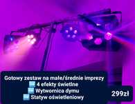Zestaw oświetlenia światła wytwornica dymu kolorofon stroboskop imprez