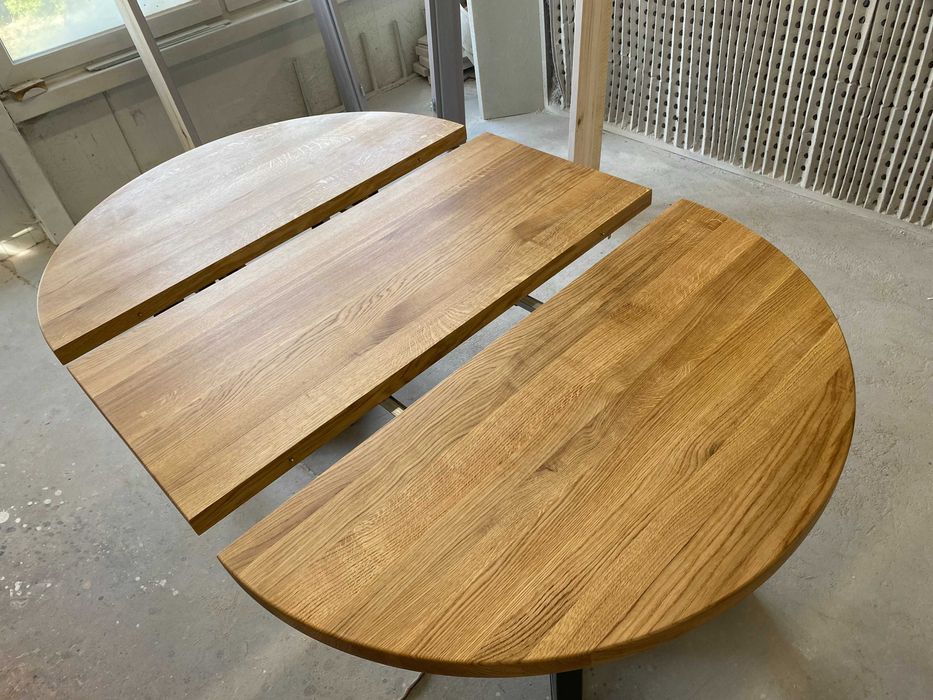 Stół okrągły drewniany, dębowy stół na wymiar, stół rozkładany, metal