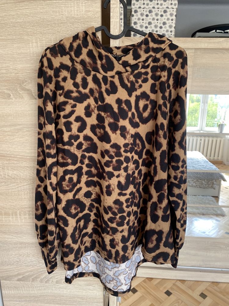 cienka nowa bluza bluzka sweterek ONLY z kapturem brązowa w panterkę