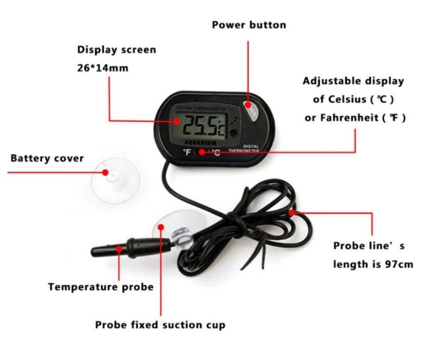 Termómetro para Aquário ou Terrário, LCD, com sonda e ventosa