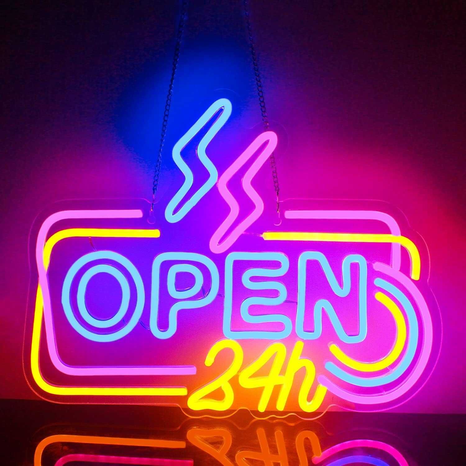 Sinal Luminoso Néon LED em Acrílico " OPEN 24h "