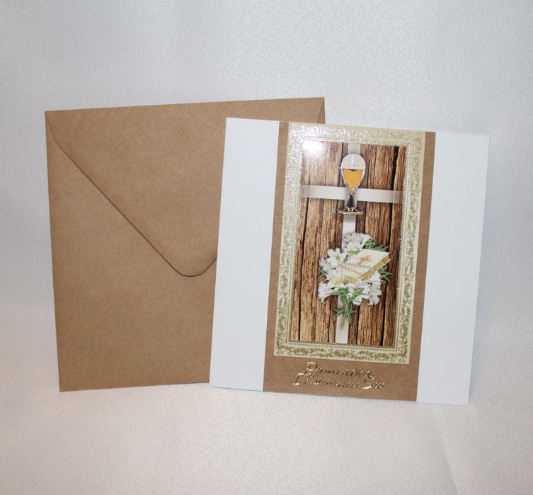 Kartka Pierwsza Komunia Święta eko boho brązowa lilie kielich