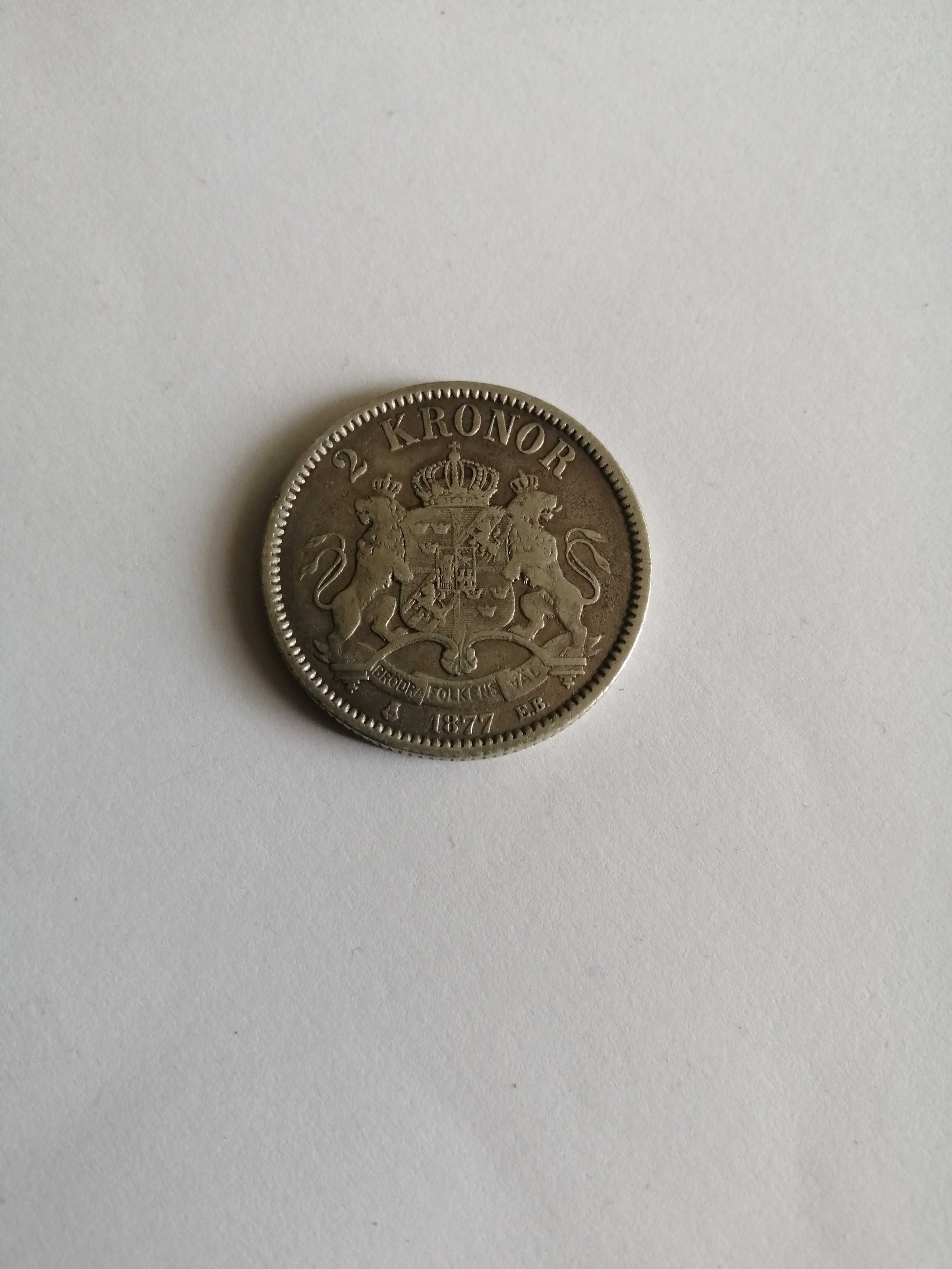 Srebrna moneta 2 korony 1877 Szwecja, Oscar II, rzadka,piękna 2 Kronor