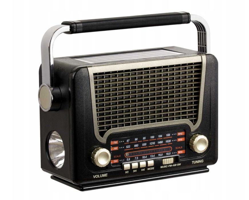 Radio solarne awaryjne AM/FM latarka – zasilanie: słońce, USB, baterie
