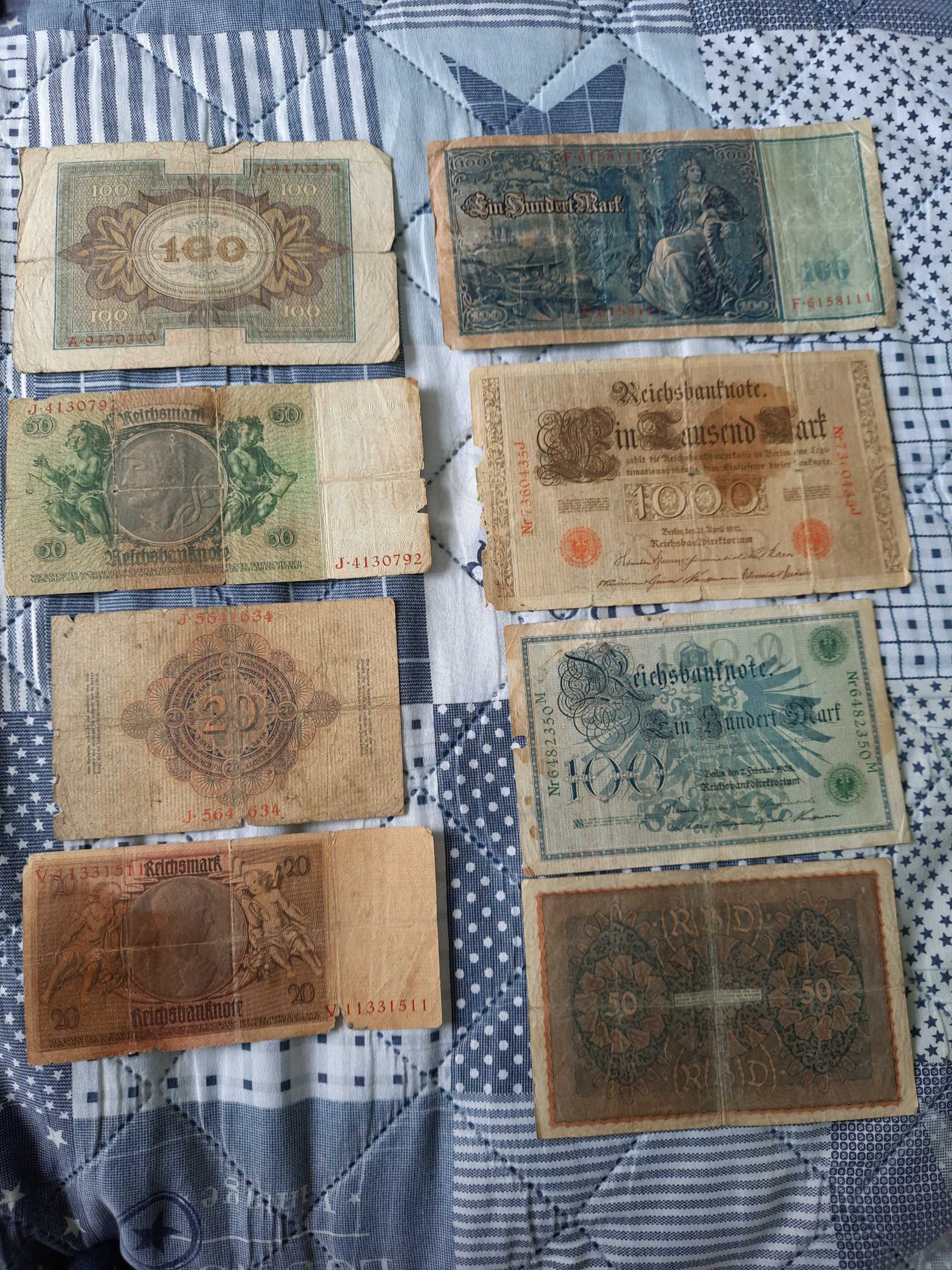 stare banknoty 20,50,100,1000 marek niemieckich Niemcy 1908,1910,1919