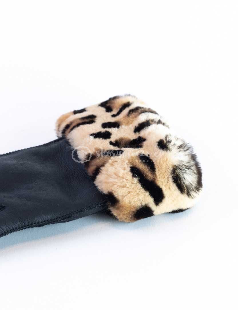Czarne rękawiczki ze skóry jagnięcej z futerkiem z szynszyla panterka