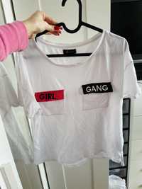 Girl Gang biała koszulka reserved S tshirt bluzka do szkoly mlodziezow