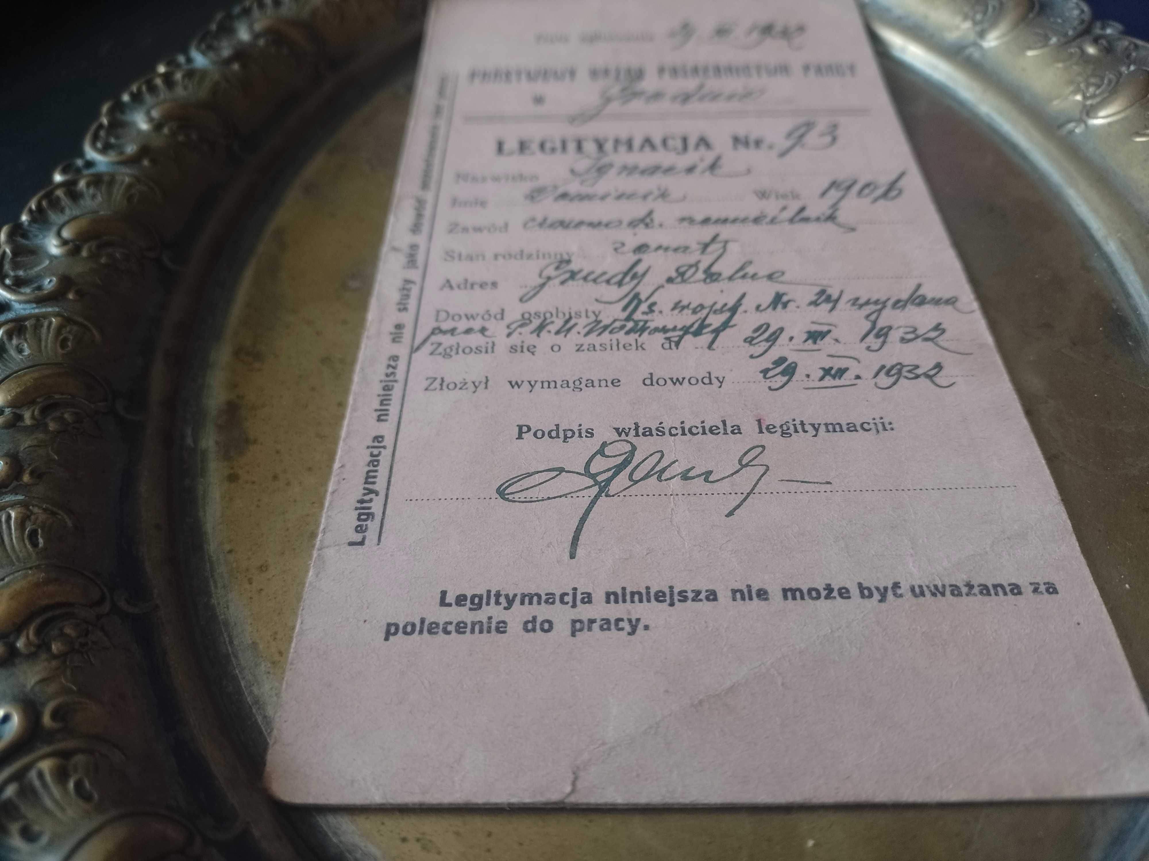 Legitymacja Urzędu Pracy 1932 Grodno Kresy (48)