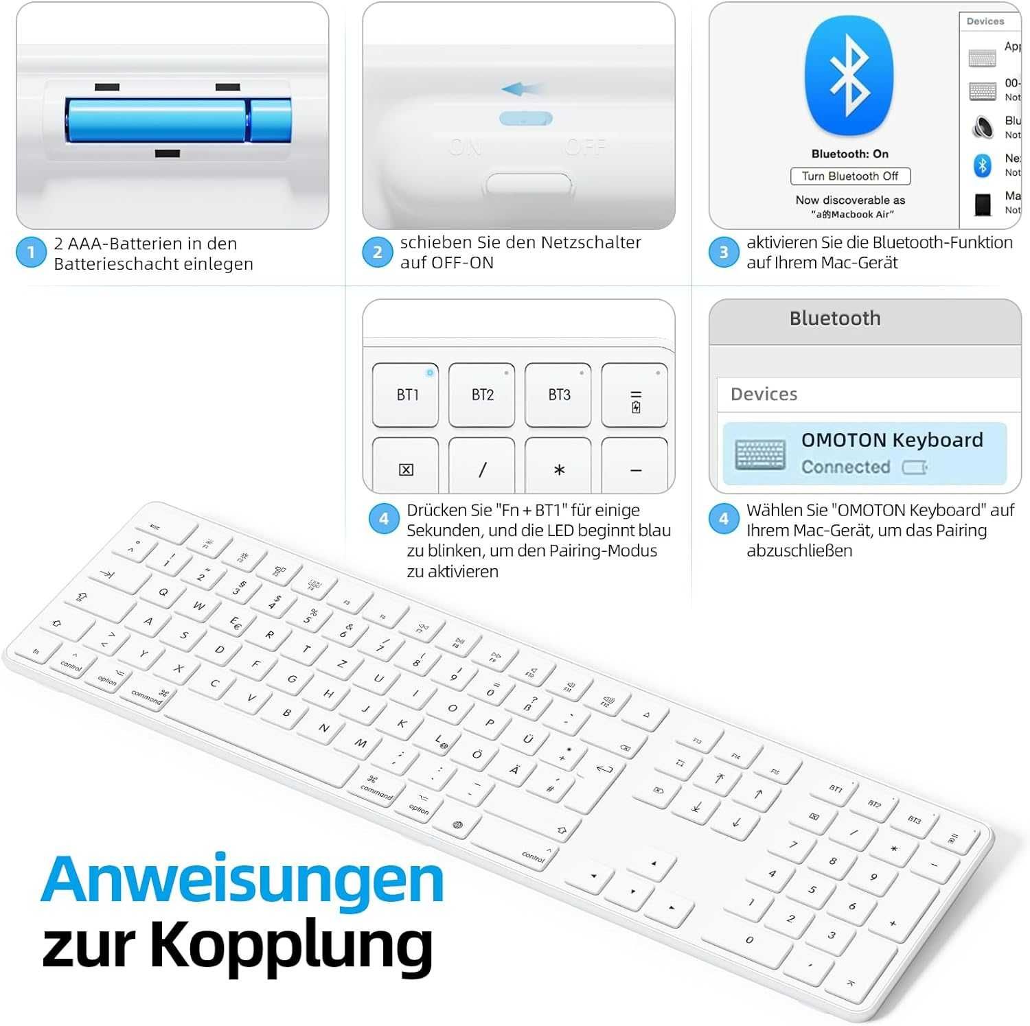 OMOTON Klawiatura Bluetooth do Mac OS MacBook bezprzewodowa 3 kanały