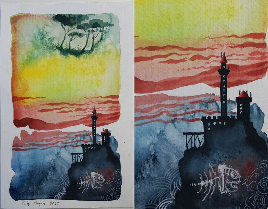 Aguarela original de Carlos Marques. Fantasia, surreal, castelos