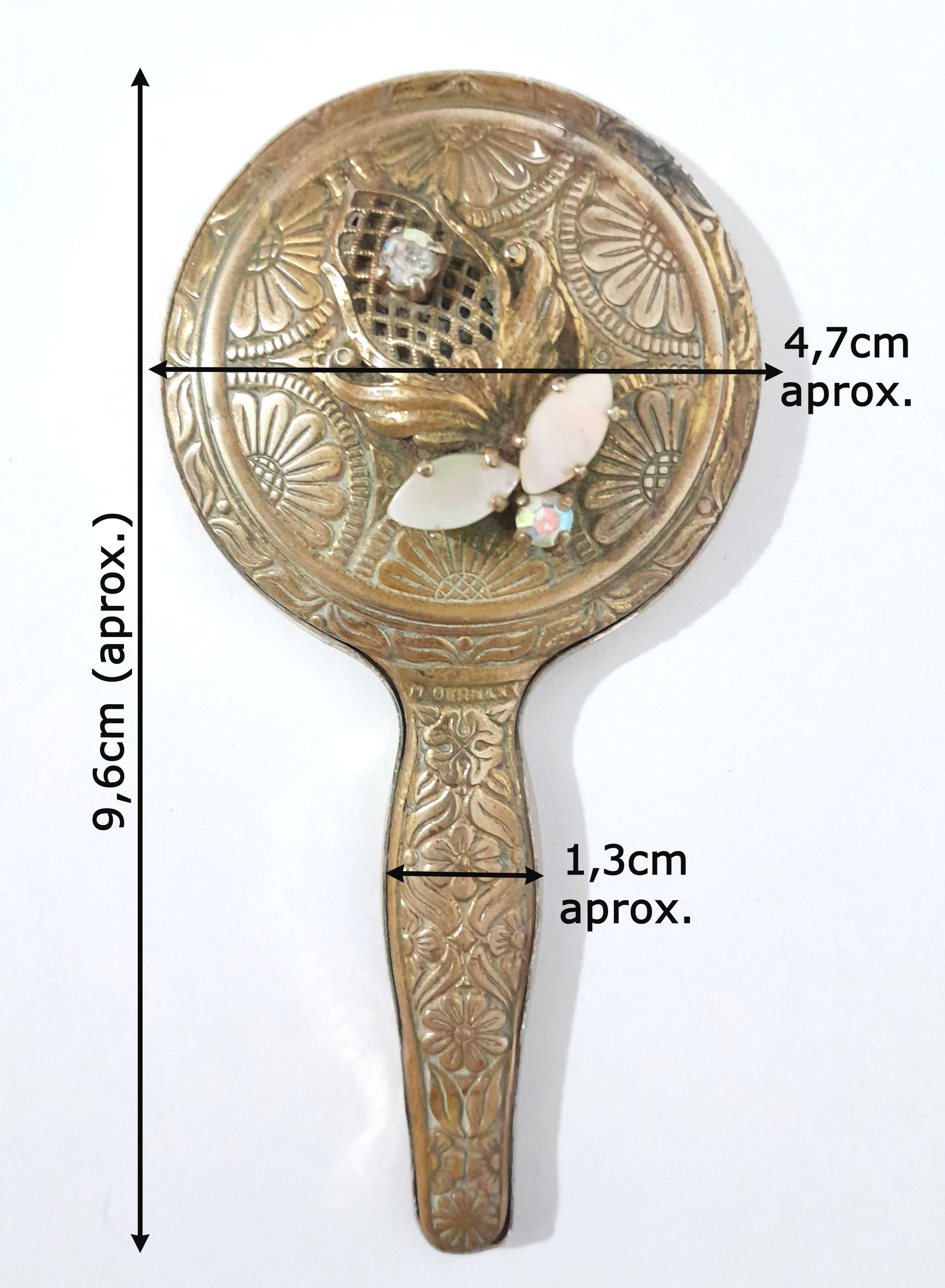 Antigo Espelho de mão miniatura dourado com motivos florais (Raro)