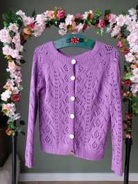 Uroczy fioletowy sweterek azurowy damski S/M  kardigan lekki na sukien