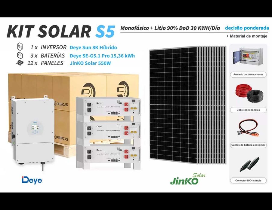 Kit de lítio Deye S5 30 kWh/dia com bateria de 15,36 kWh