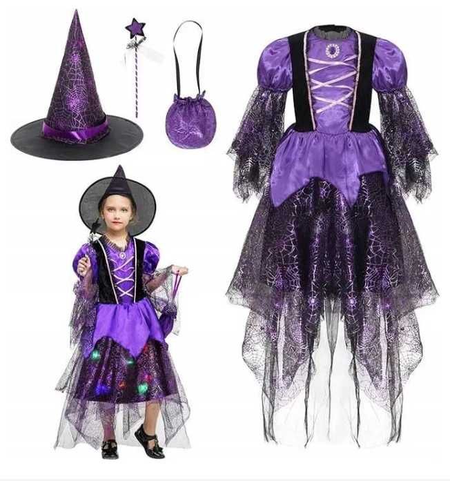 STRÓJ KOSTIUM Halloween Sukienka LED czarownica 3-4lata 95-110cm