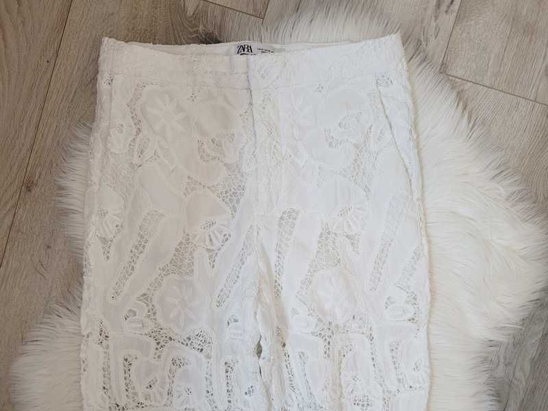 Białe, koronkowe, bawełniane, letnie spodnie, Zara, M (38)