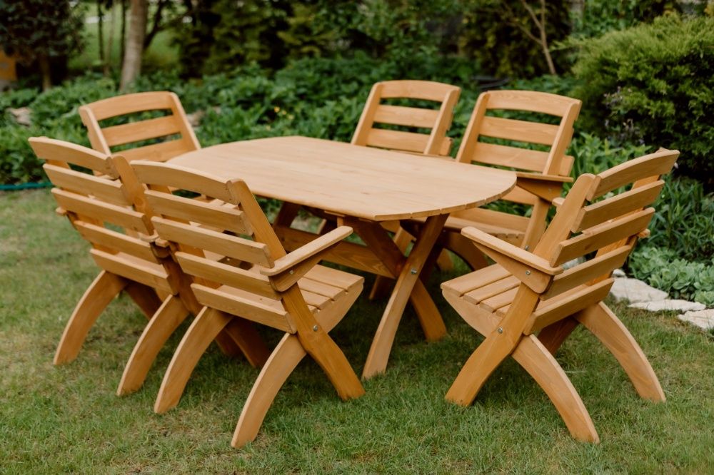 Meble ogrodowe drewniane 6 krzeseł + stół owalny X wersja 2