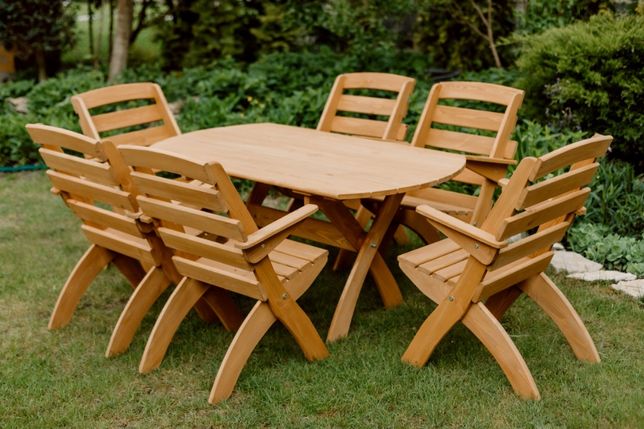 Meble ogrodowe drewniane 6 krzeseł + stół owalny X wersja 2