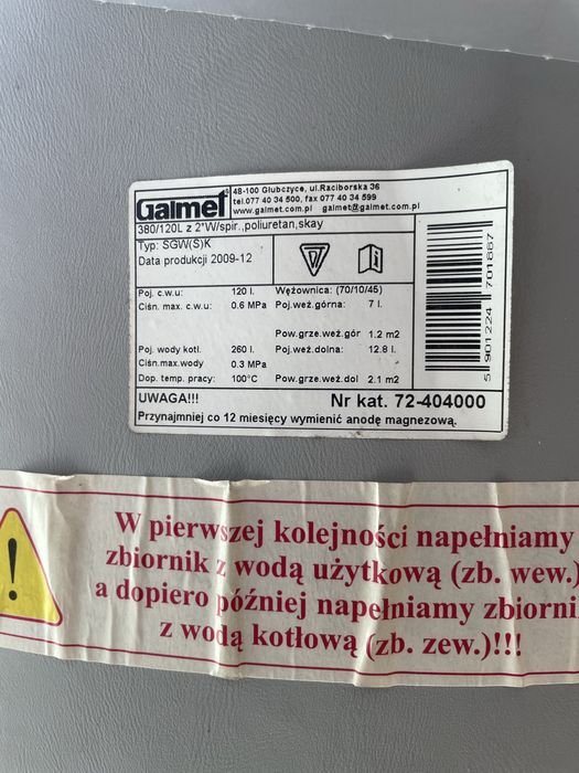 Bojler Bufor  zbiornik akumulacyjny Galmet 380/120l, w piance  2 węż.