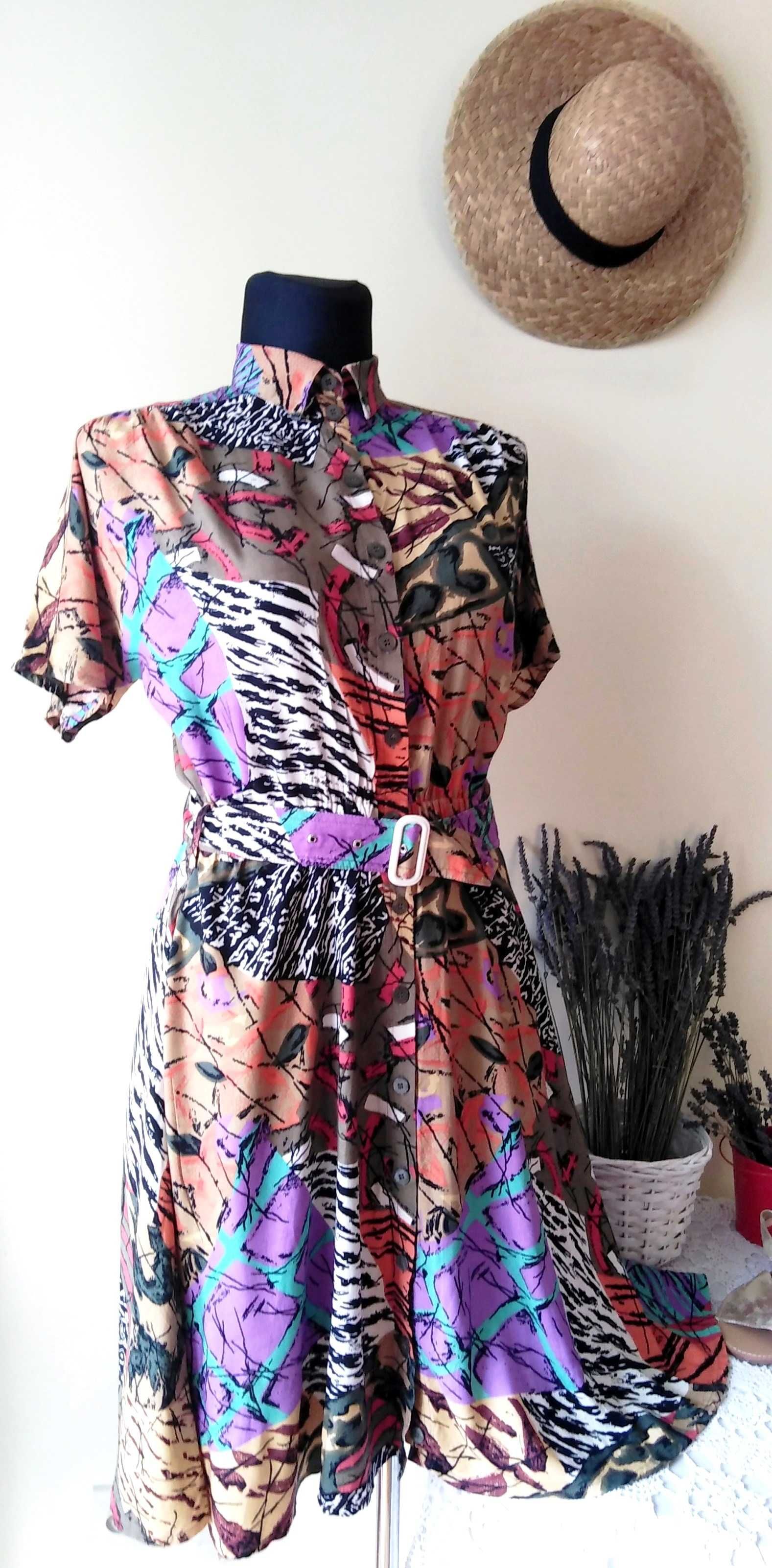 letnia sukienka 40/L  szmizjerka rozpinana pasek kieszenie #vintage