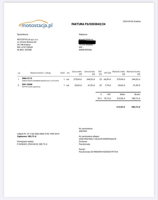 Przeplywomierz volvo s60 denso nowy