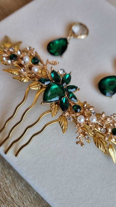 Conjunto Toucado e Brincos – Cristal Verde / Dourado