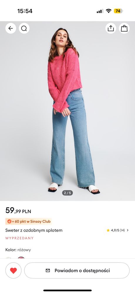 Sweter rózowy, 100% akryl, M, Sinsay