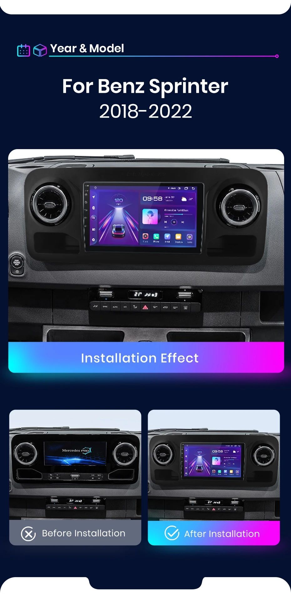 Rádio Android 10" Mercedes Sprinter 2018-25 CarPlay/Auto GPS 2/32GB