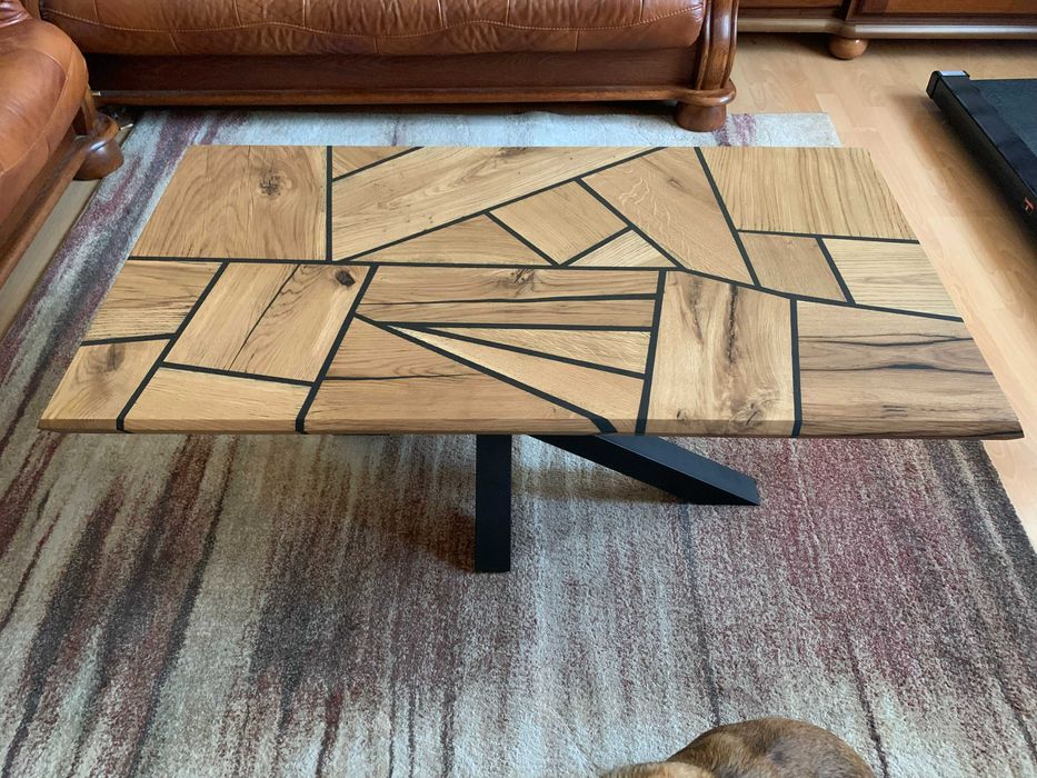 Dębowy stolik kawowy z czarną żywicą epoksydową 119x63cm