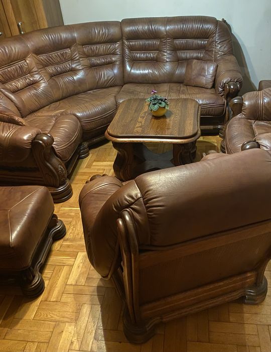 Kler Komplet wypoczynkowy skóra naturalna drewno dębowe zestaw mebli