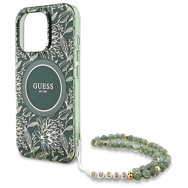 Etui Guess IML Flowers Allover Electro With Pearl Strap MagSafe na iPh