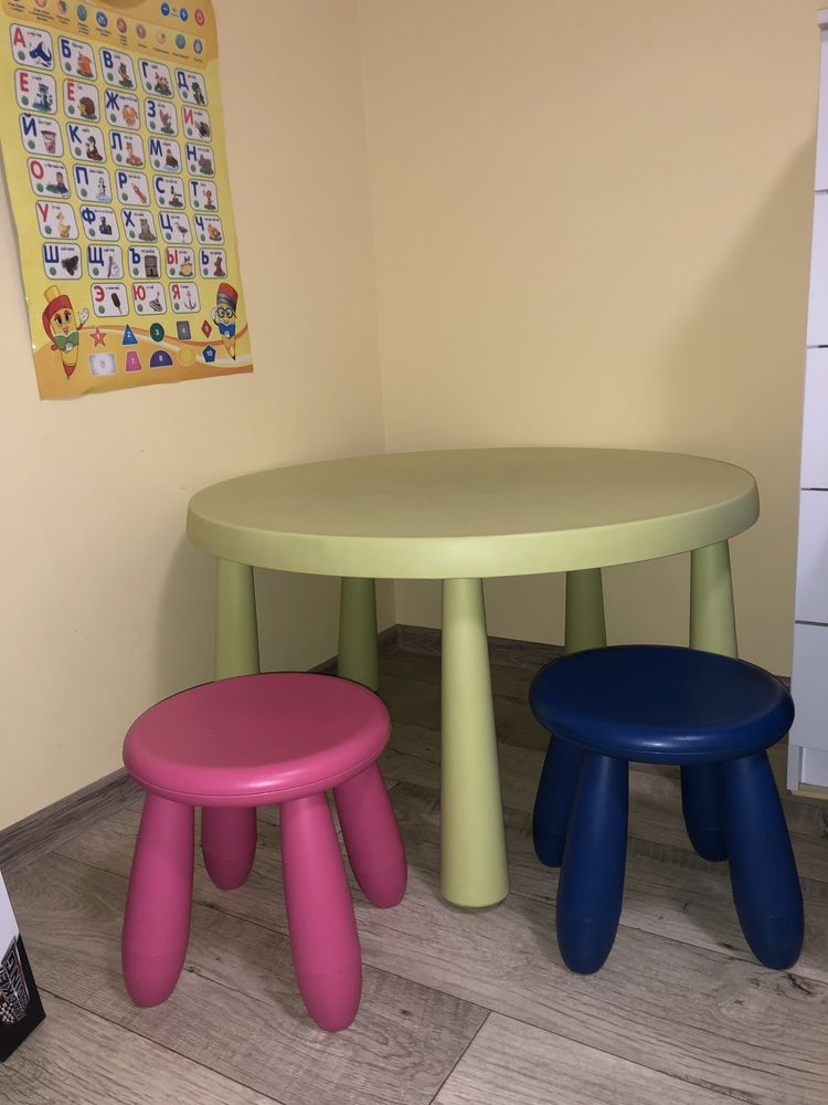 Детский круглый стол Икеа и две табуретки